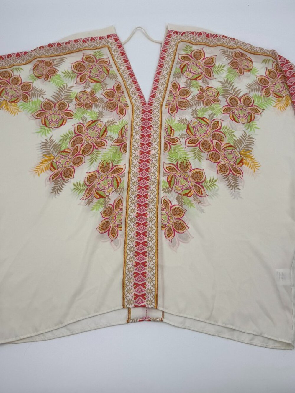 Rose + Olive Kaftan Blouse Womens Large Cream Floral Boho‎ V-Neck Dolman Sleeve